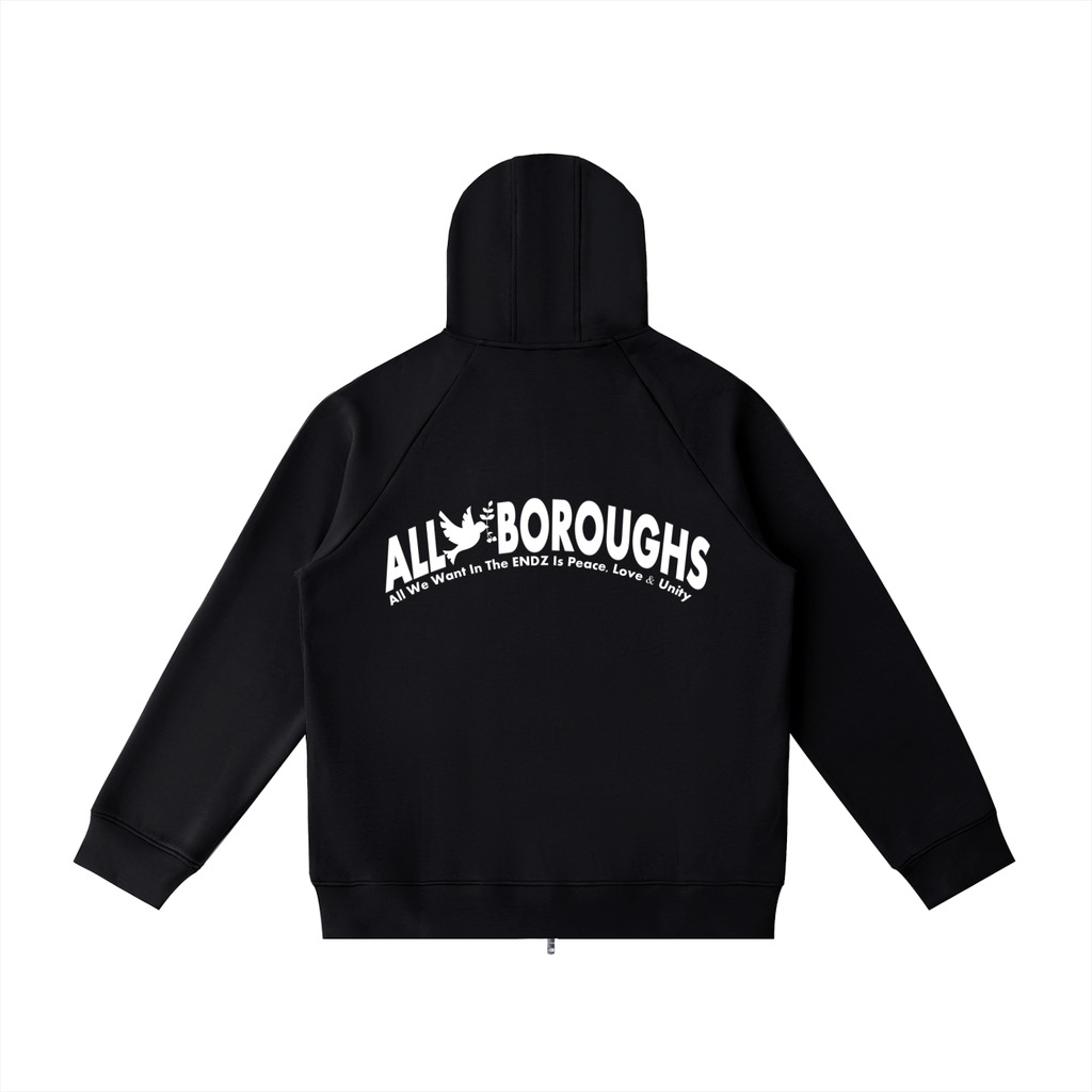 Black hoodie with 'All Boroughs' text on the back against a white background. Also known as All Boroughs.