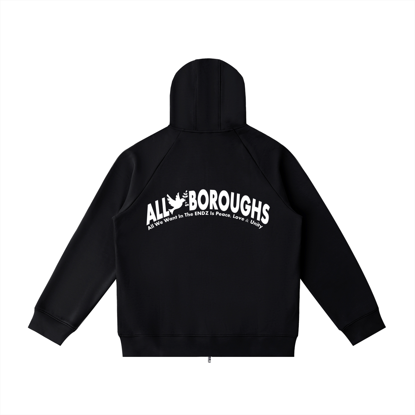 Black hoodie with 'All Boroughs' text on the back against a white background. Also known as All Boroughs.