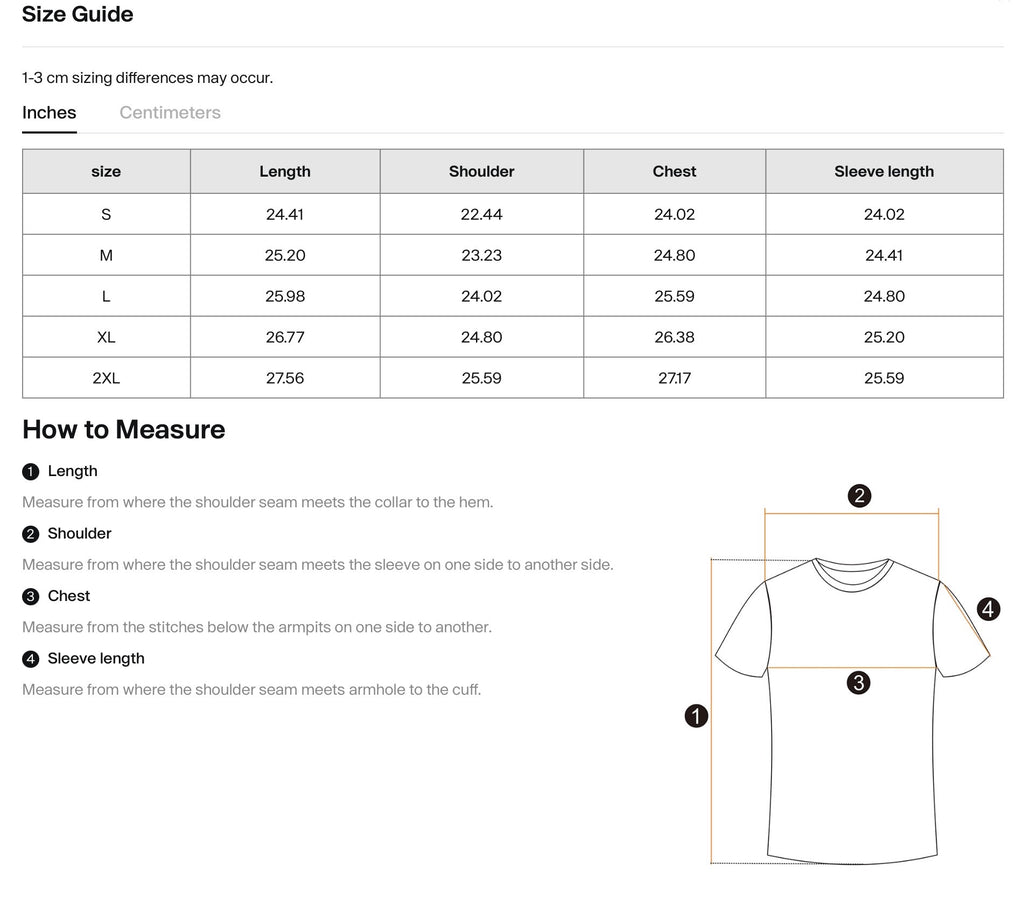 Size chart for shirts with measurements in inches,  including a diagram of how to measure shirt dimensions.