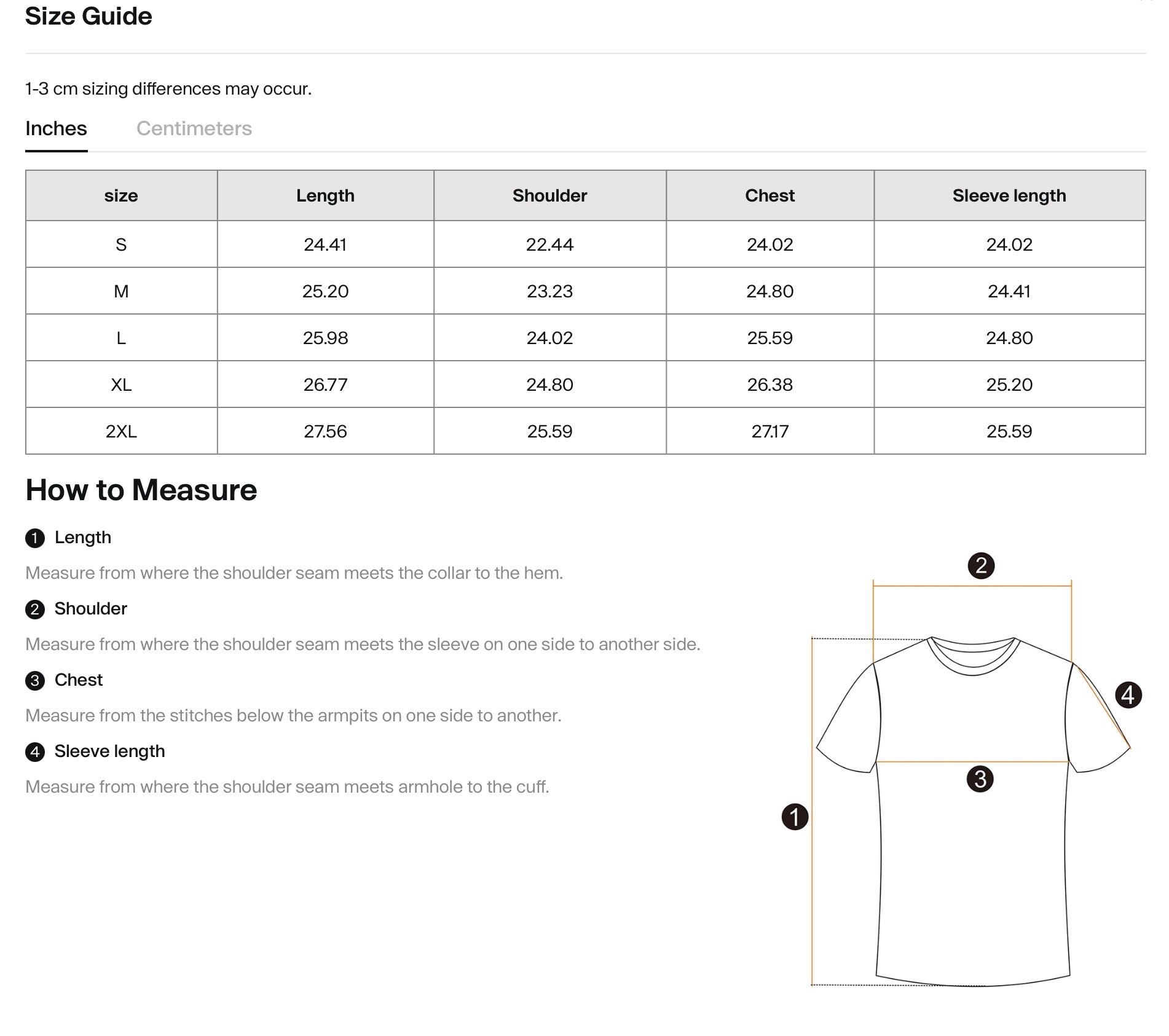 Size chart for shirts with measurements in inches,  including a diagram of how to measure shirt dimensions.