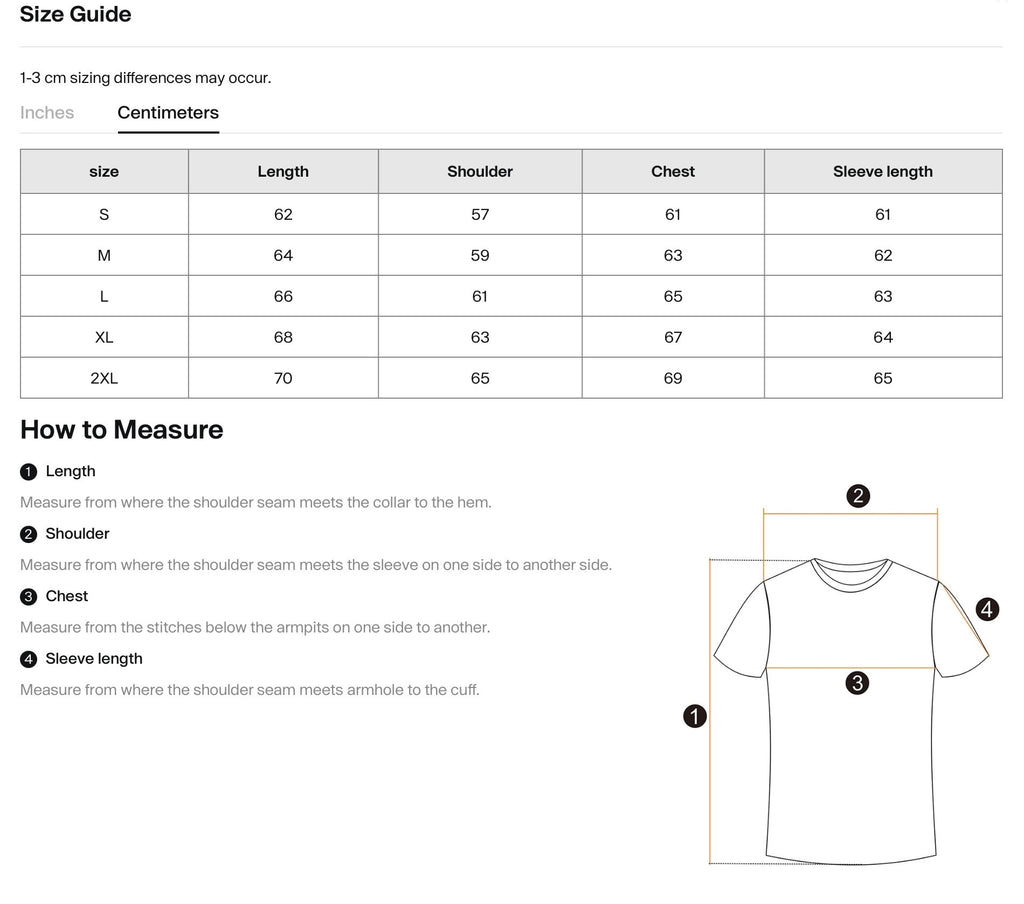 Size chart for shirts with measurements in centimeters, including a diagram on how to measure shirt dimensions.