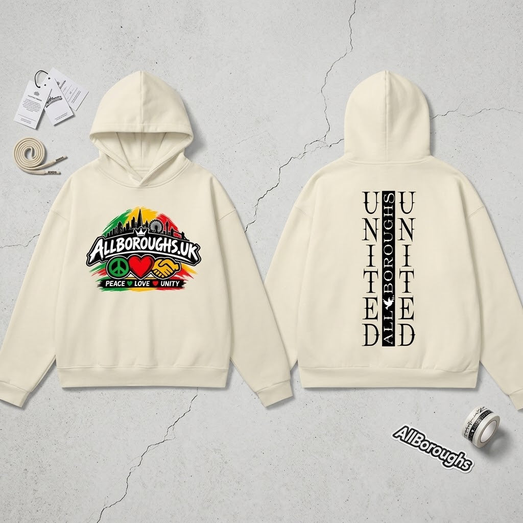 Colourful AllBoroughs United Peace Love & Unity Heavyweight (460GSM) Hidden Pocket Hoodie – Oversized Streetwear Fleece