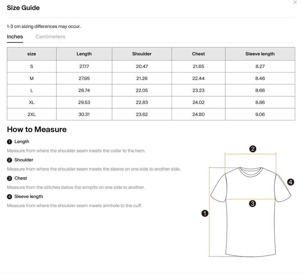 Size guide for a t-shirt with measurements in inches, including how to measure instructions.