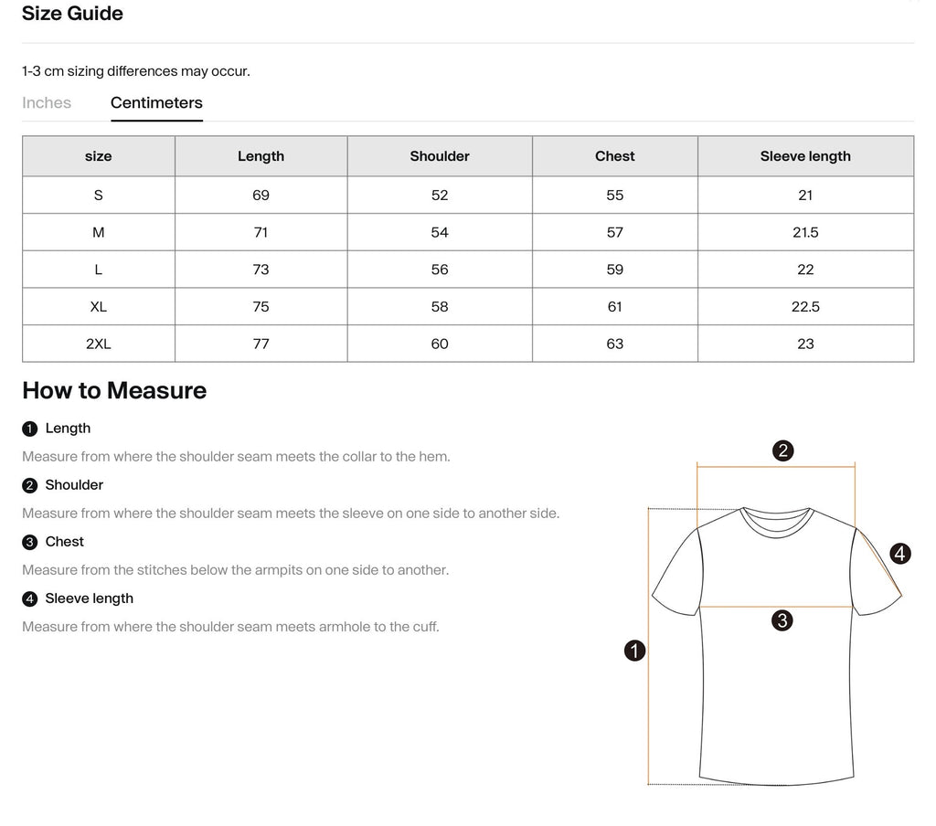 Size guide for a t-shirt with measurements in centimeters.