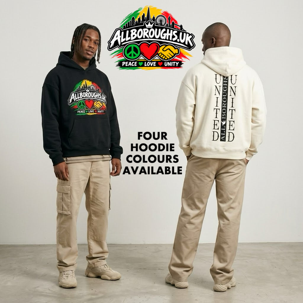 Colourful AllBoroughs United Peace Love & Unity Heavyweight (460GSM) Hidden Pocket Hoodie – Oversized Streetwear Fleece