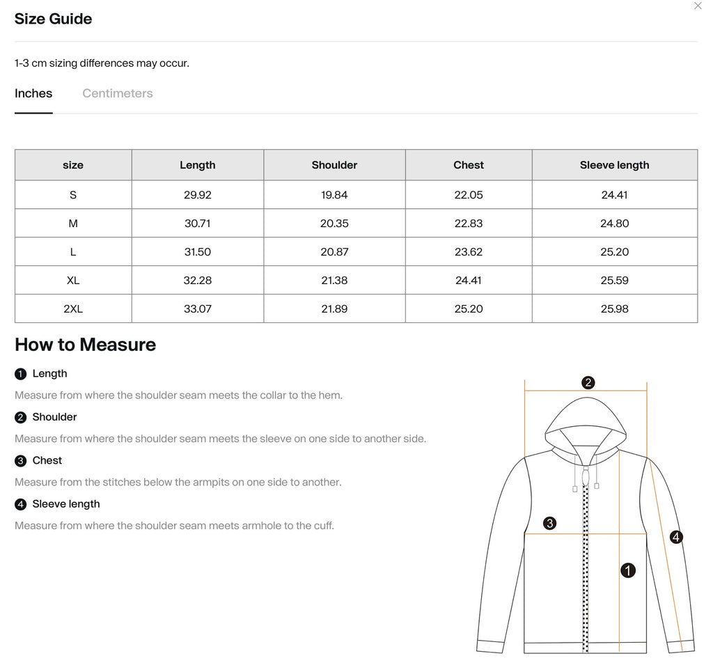 Denim shirt centimetre size chart