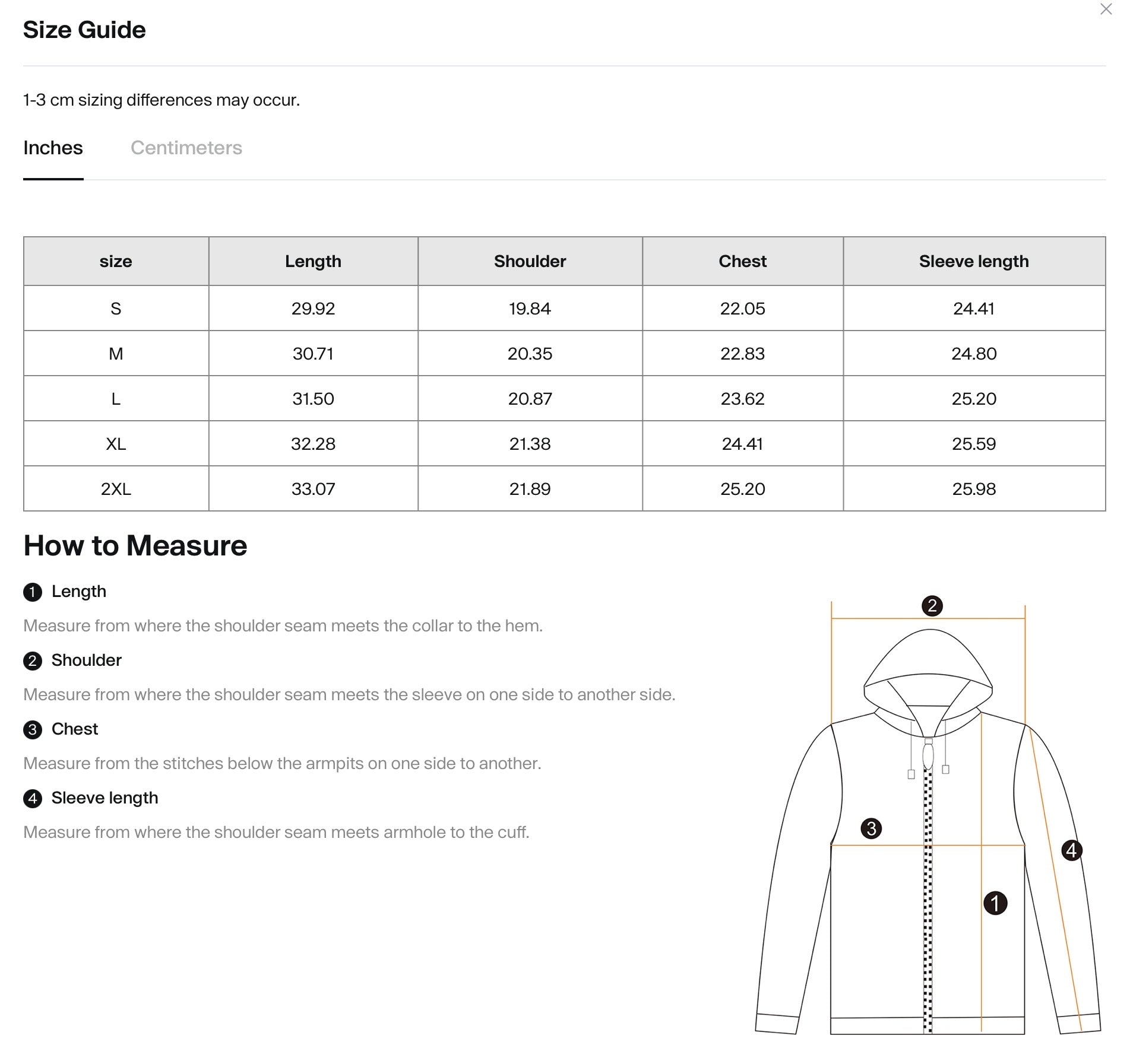 Denim shirt centimetre size chart