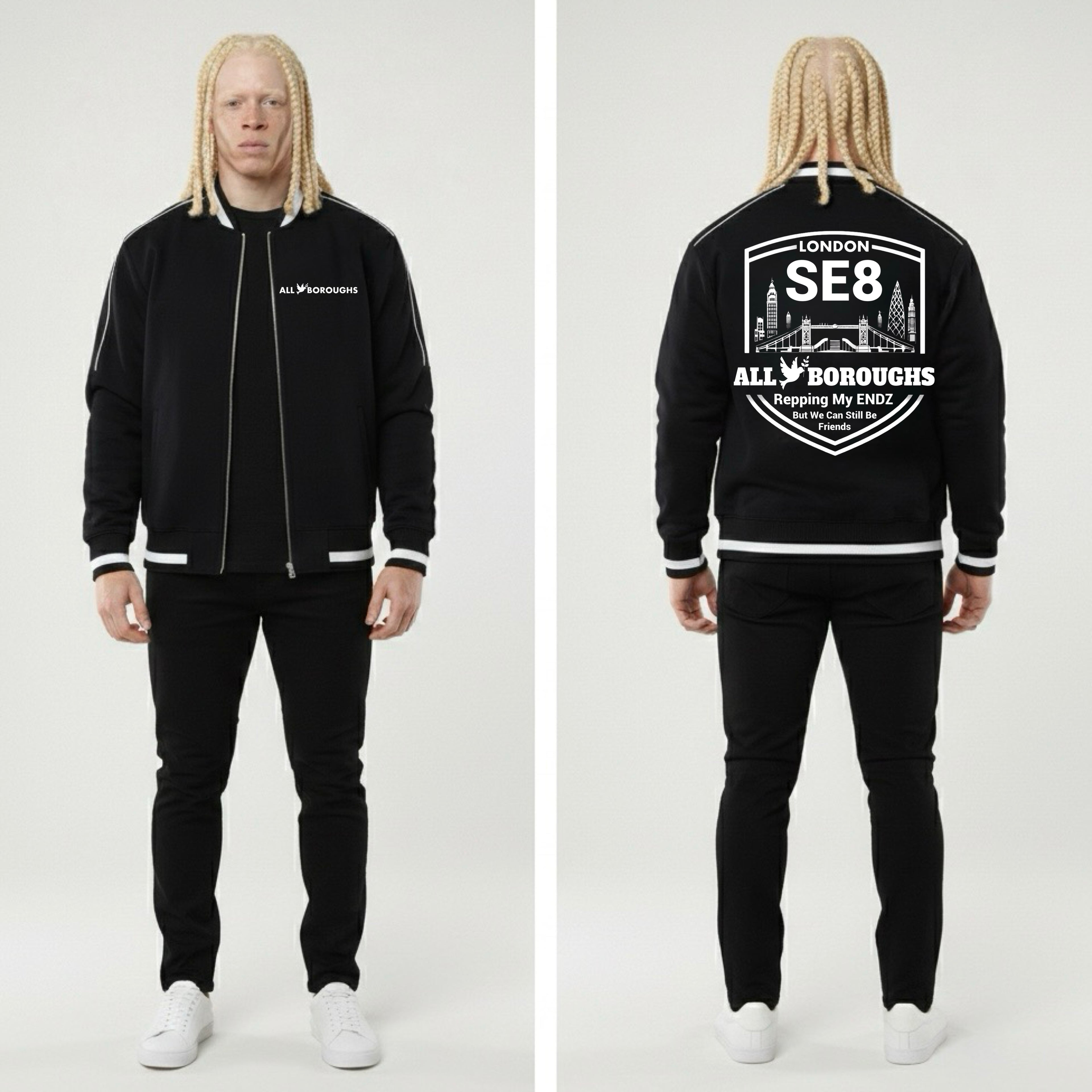 Man wearing a black tracksuit with 'London SE8 All Boroughs' branding on a white background