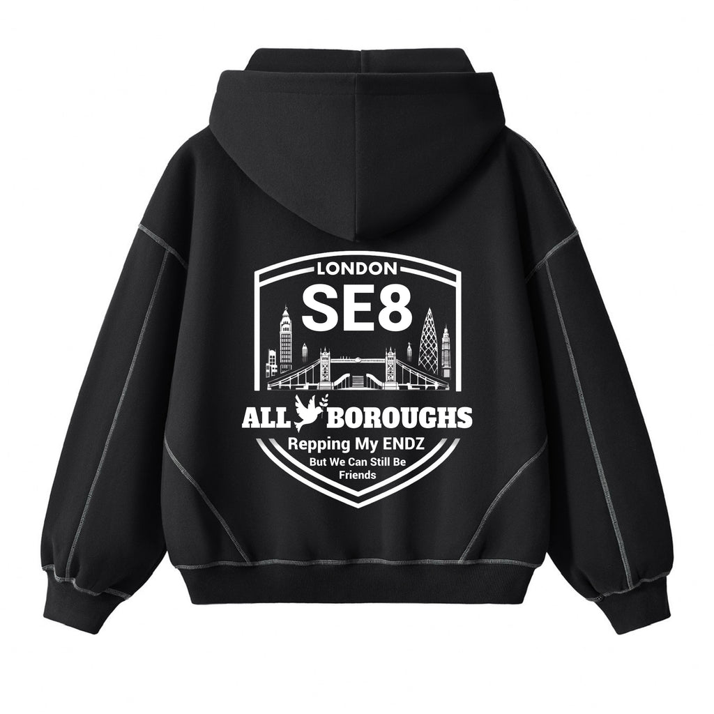 Black hoodie with an AllBoroughs logo on the back in white text