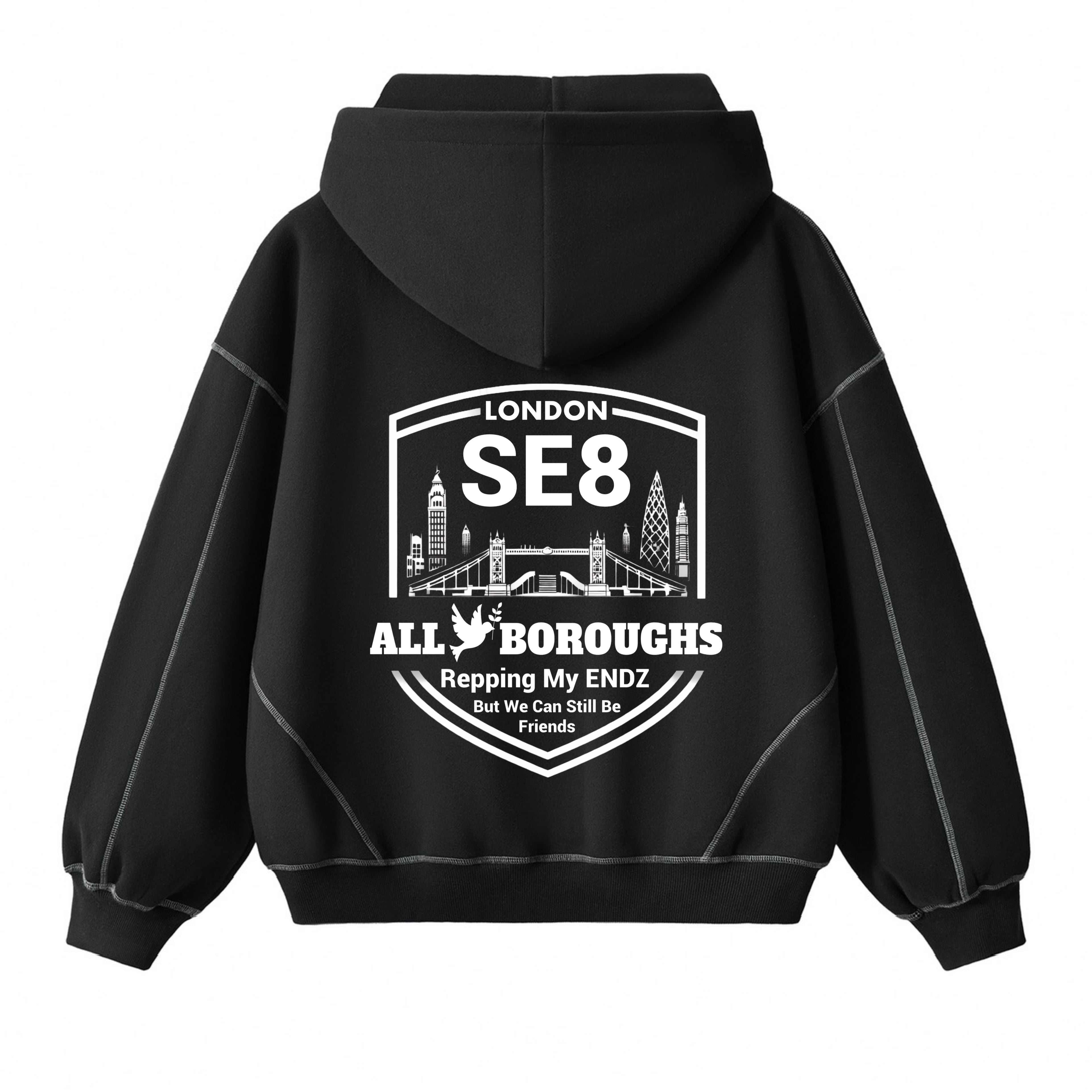 Black hoodie with an AllBoroughs logo on the back in white text