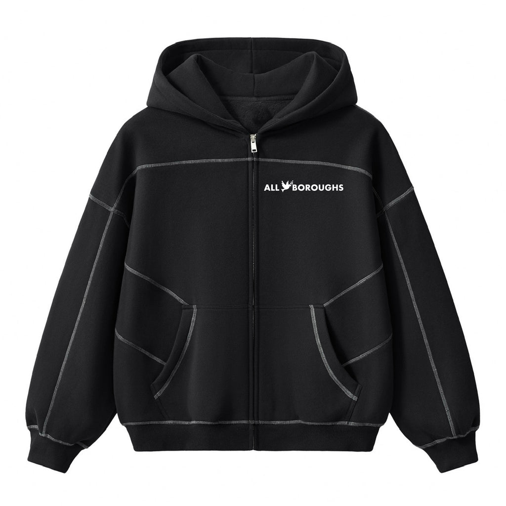 Black hoodie with 'All Boroughs' logo on a white background