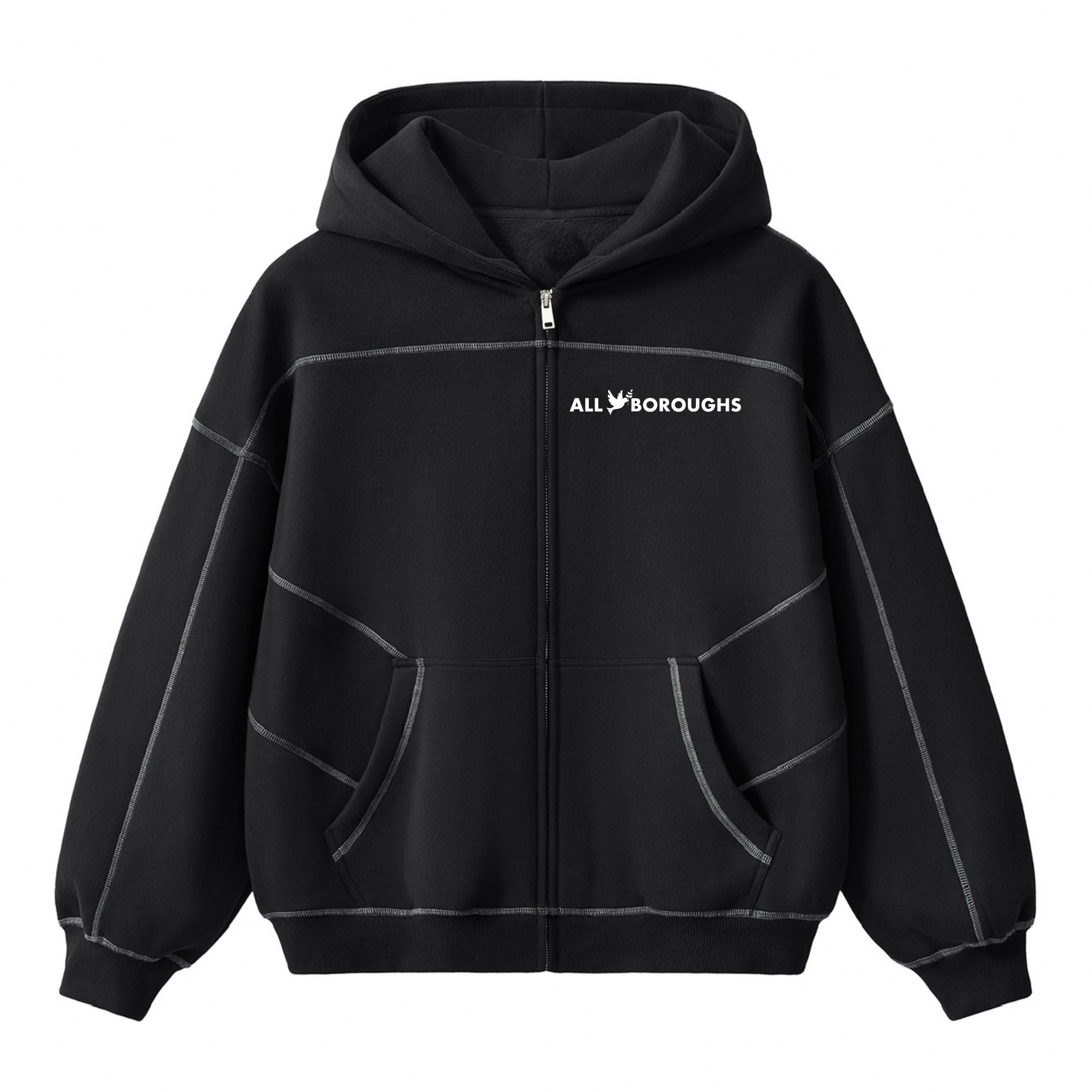 Black hoodie with 'All Boroughs' logo on a white background