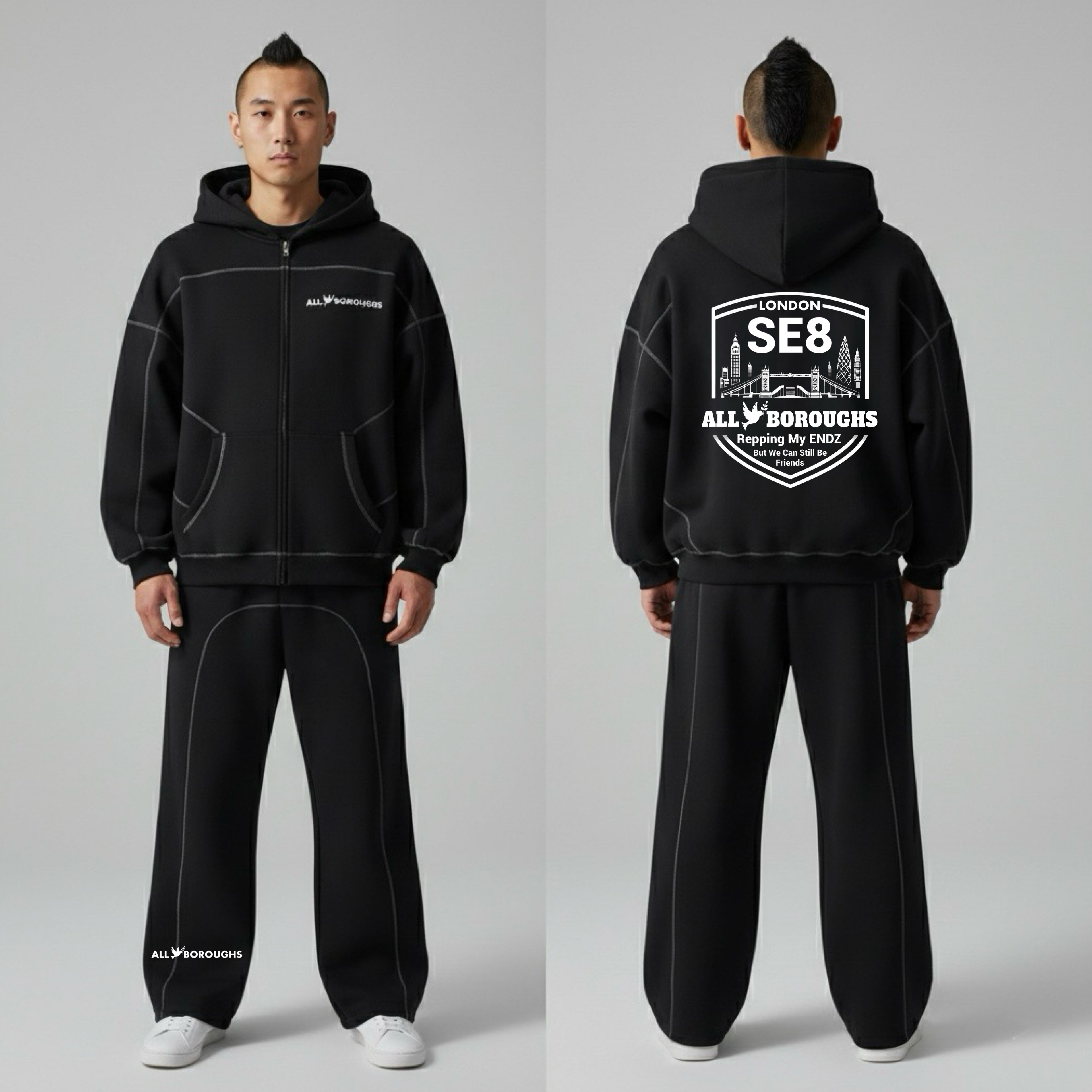 Man wearing a black tracksuit with Allboroughs branding on a gray background