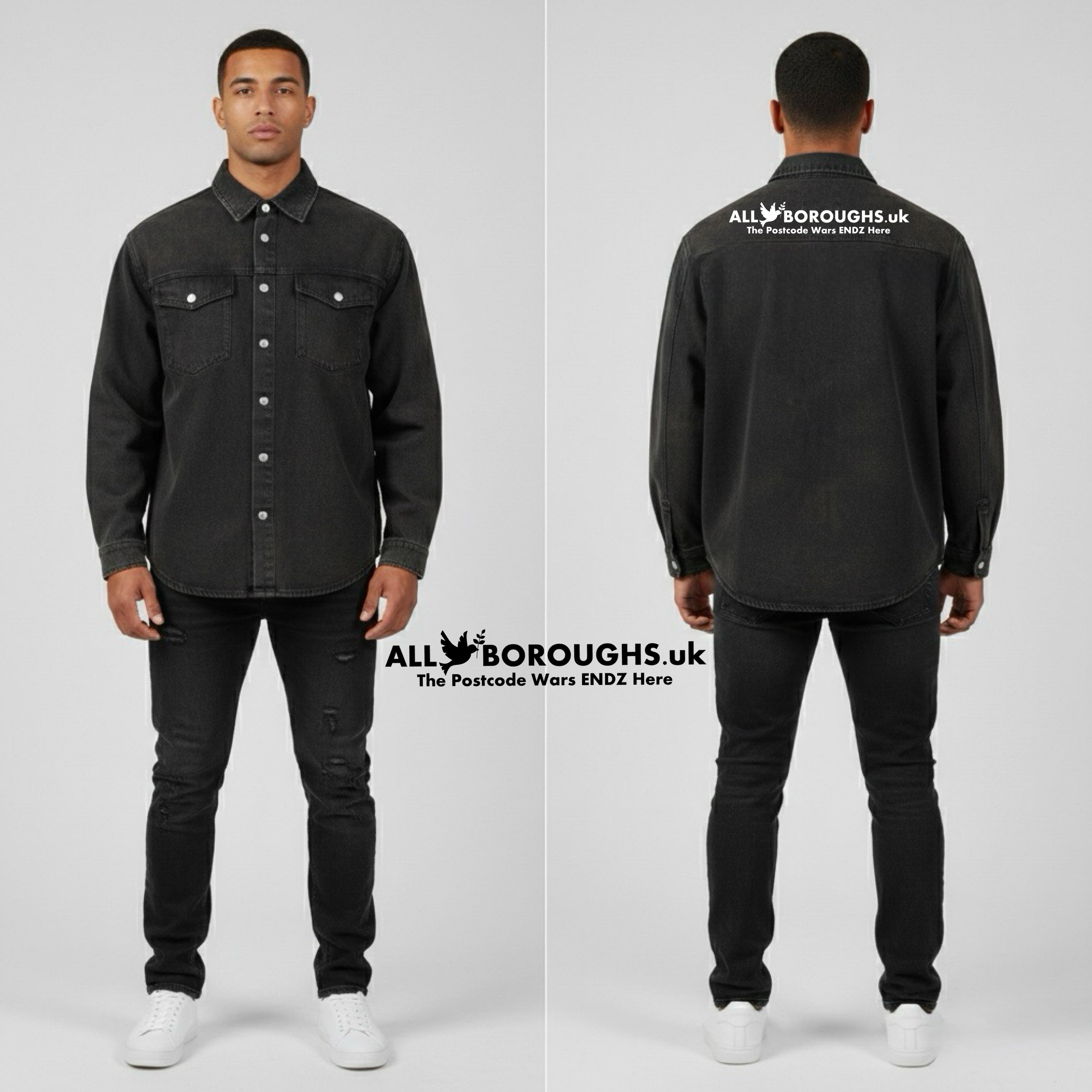 Person wearing a black shirt with 'All Boroughs.uk' branding on a white background