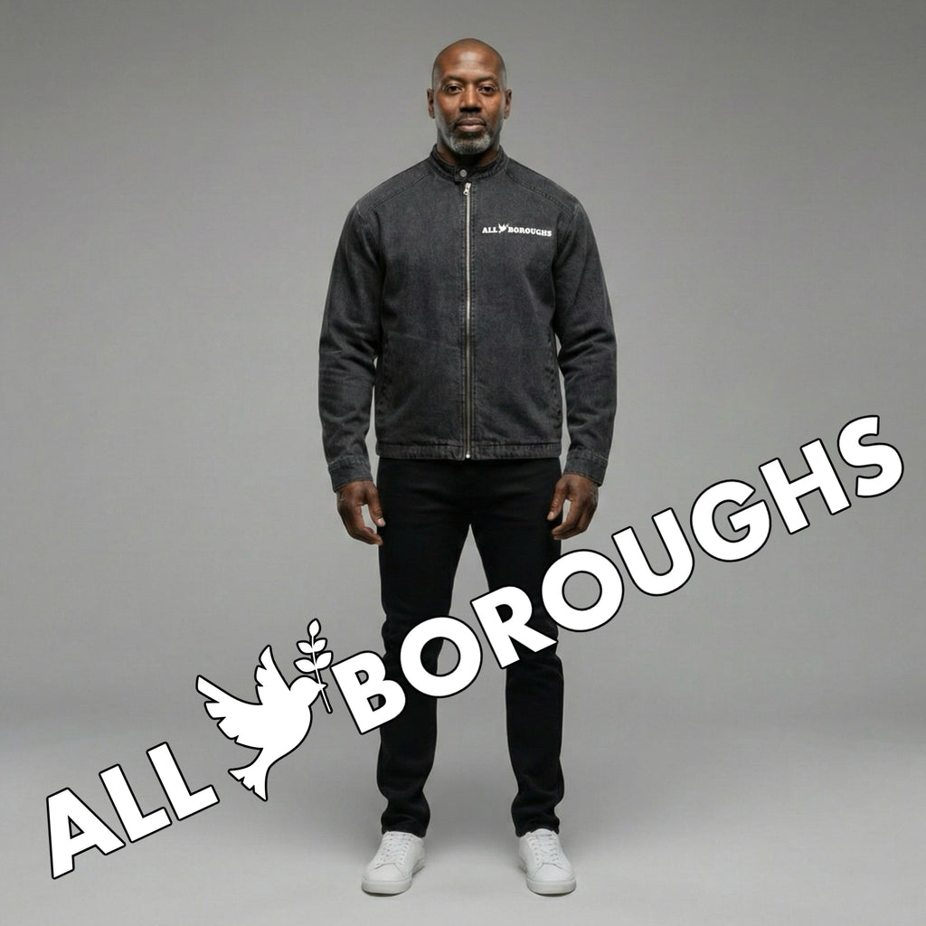Man wearing a dark jacket with 'All Boroughs' branding on a gray background