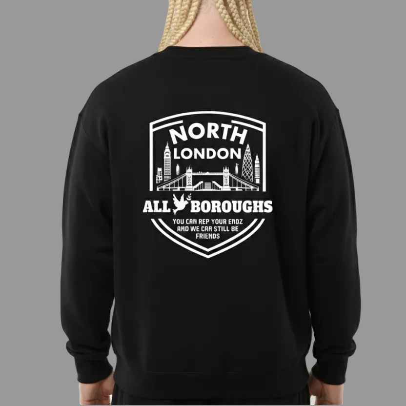 Person wearing a black sweatshirt with 'North London All Boroughs' design on the back, against a white background.
