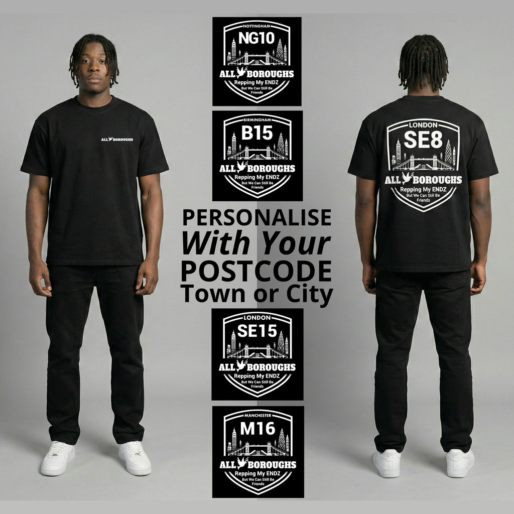 Person wearing a black t-shirt with customizable AllBoroughs postcode designs on a gray background