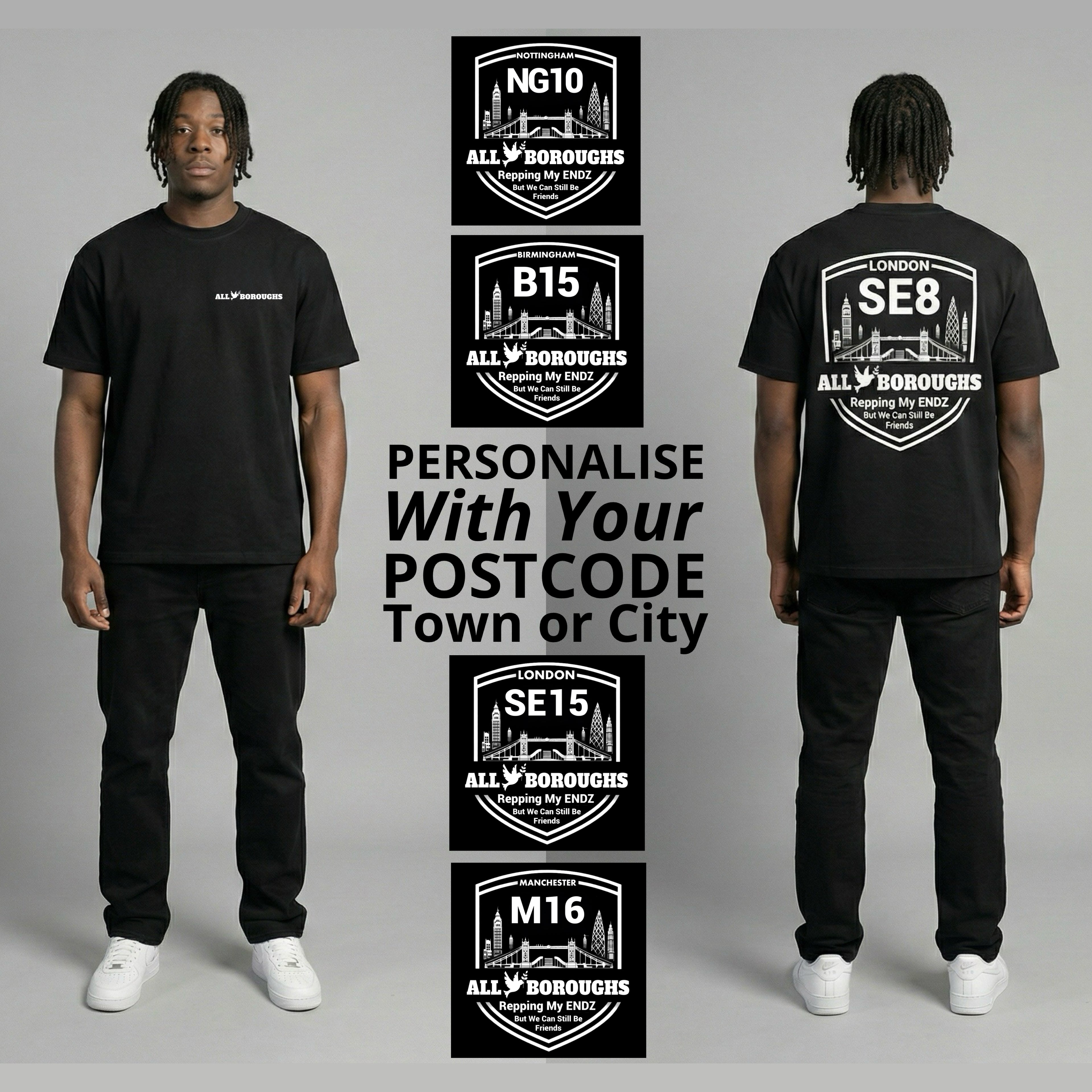 Person wearing a black t-shirt with customizable AllBoroughs postcode designs on a gray background