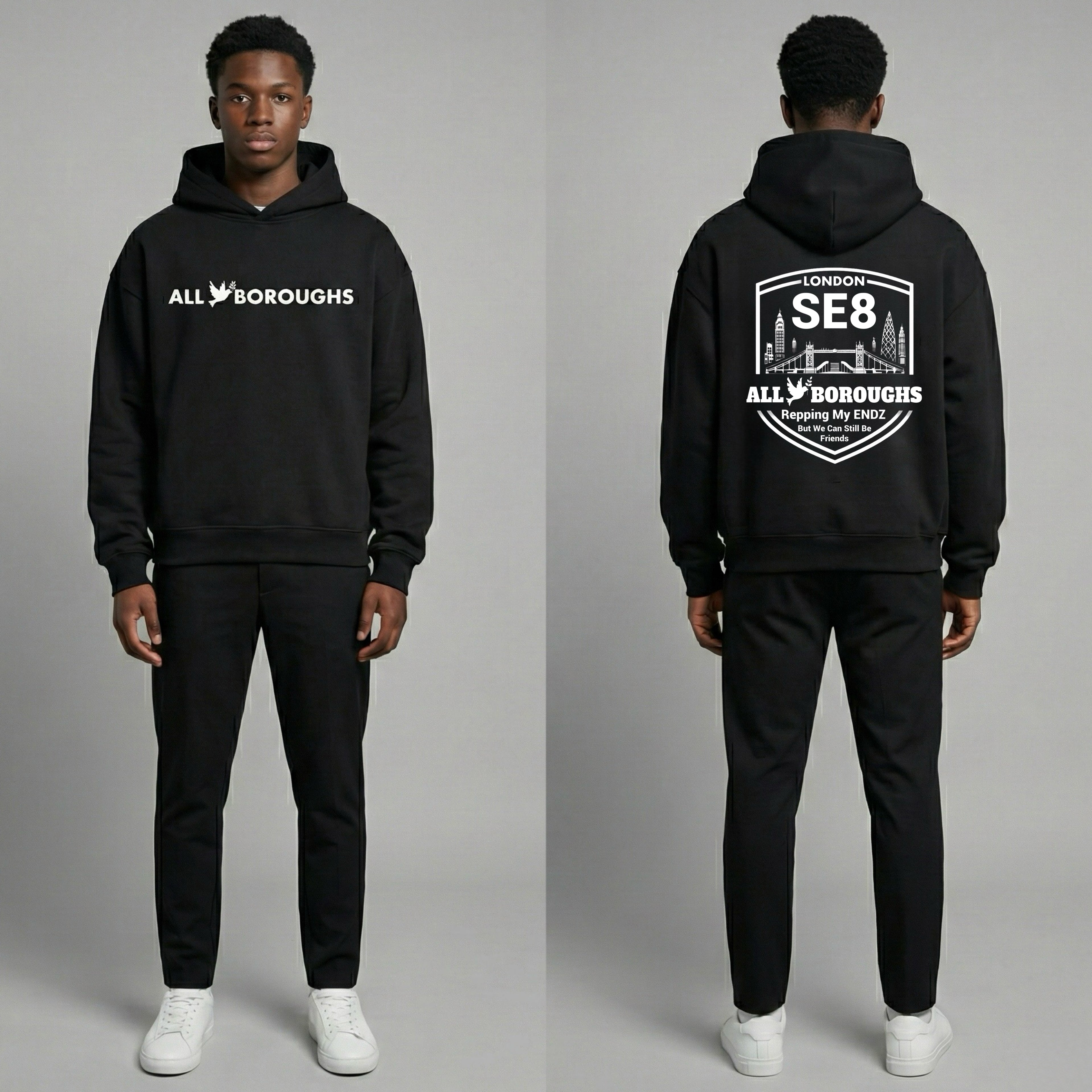 Black hoodie with 'All Boroughs' text on front and back worn by a person against a gray background