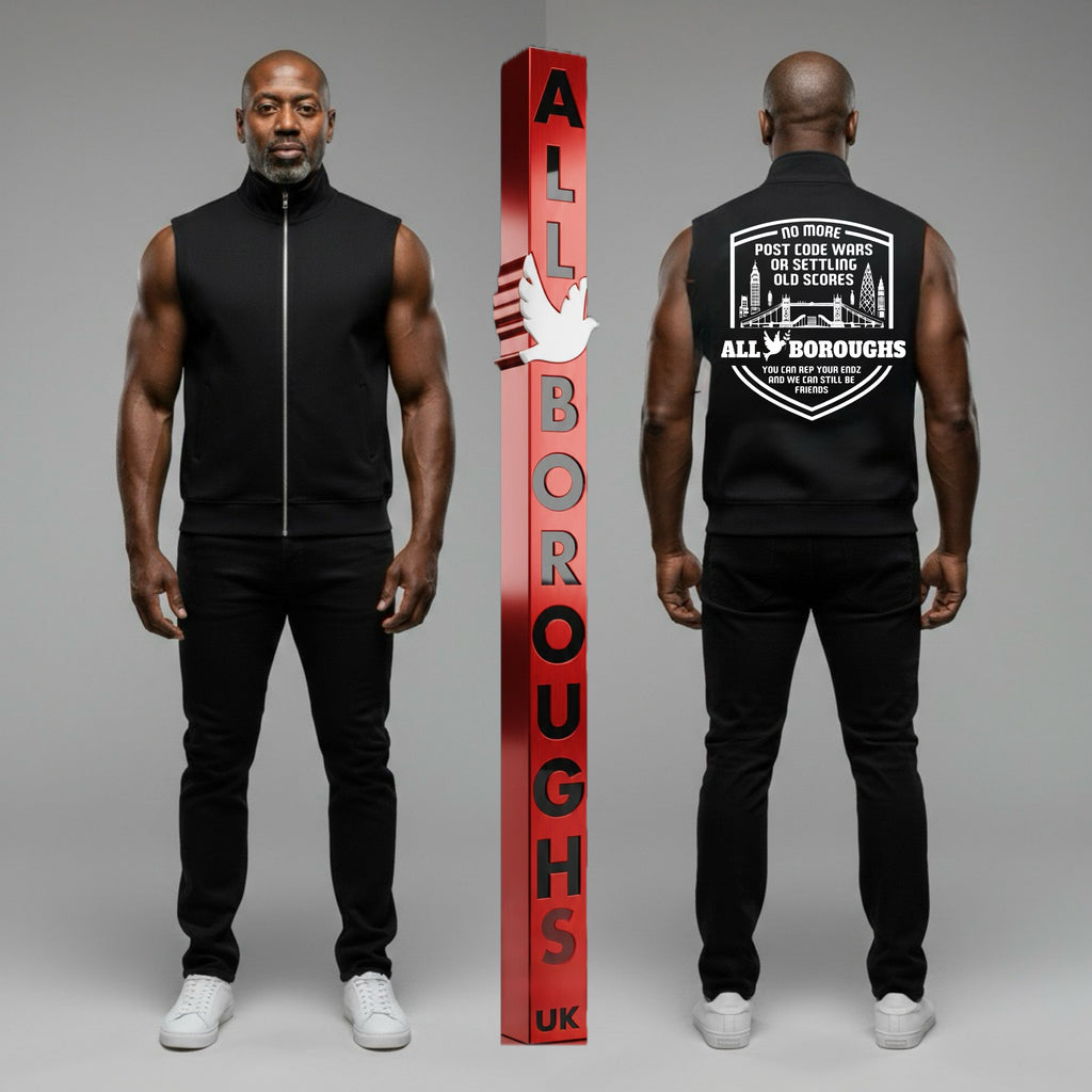 Man wearing a black sleeveless jacket with 'All Boroughs UK' branding, standing next to a red vertical sign with the same branding.