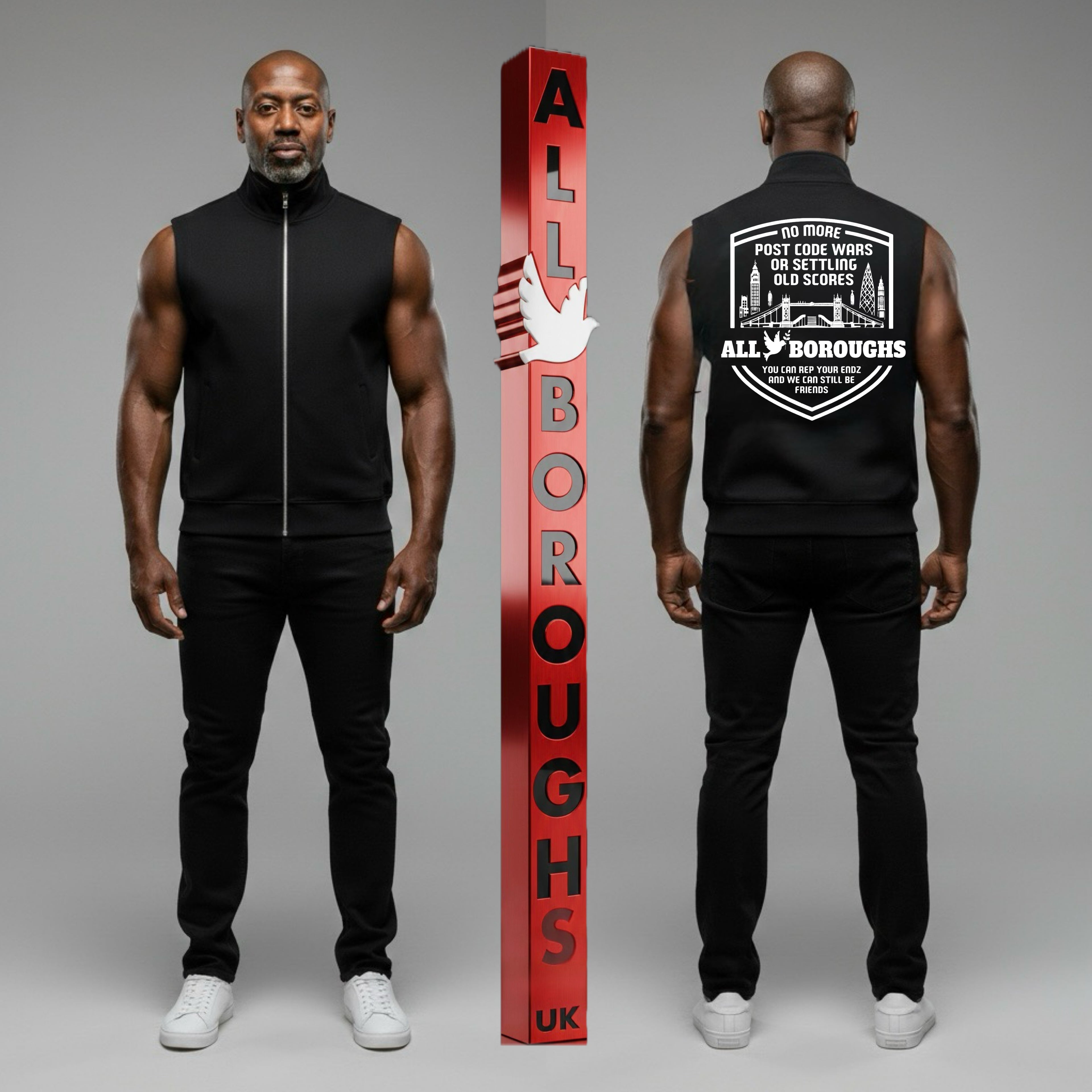 Man wearing a black sleeveless jacket with 'All Boroughs UK' branding, standing next to a red vertical sign with the same branding.
