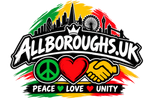 Allboroughs.uk logo featuring a black silhouette of London landmarks over a red, yellow, and green Rasta-style brushstroke background, with a crown, large white outlined 'ALLBOROUGHS.