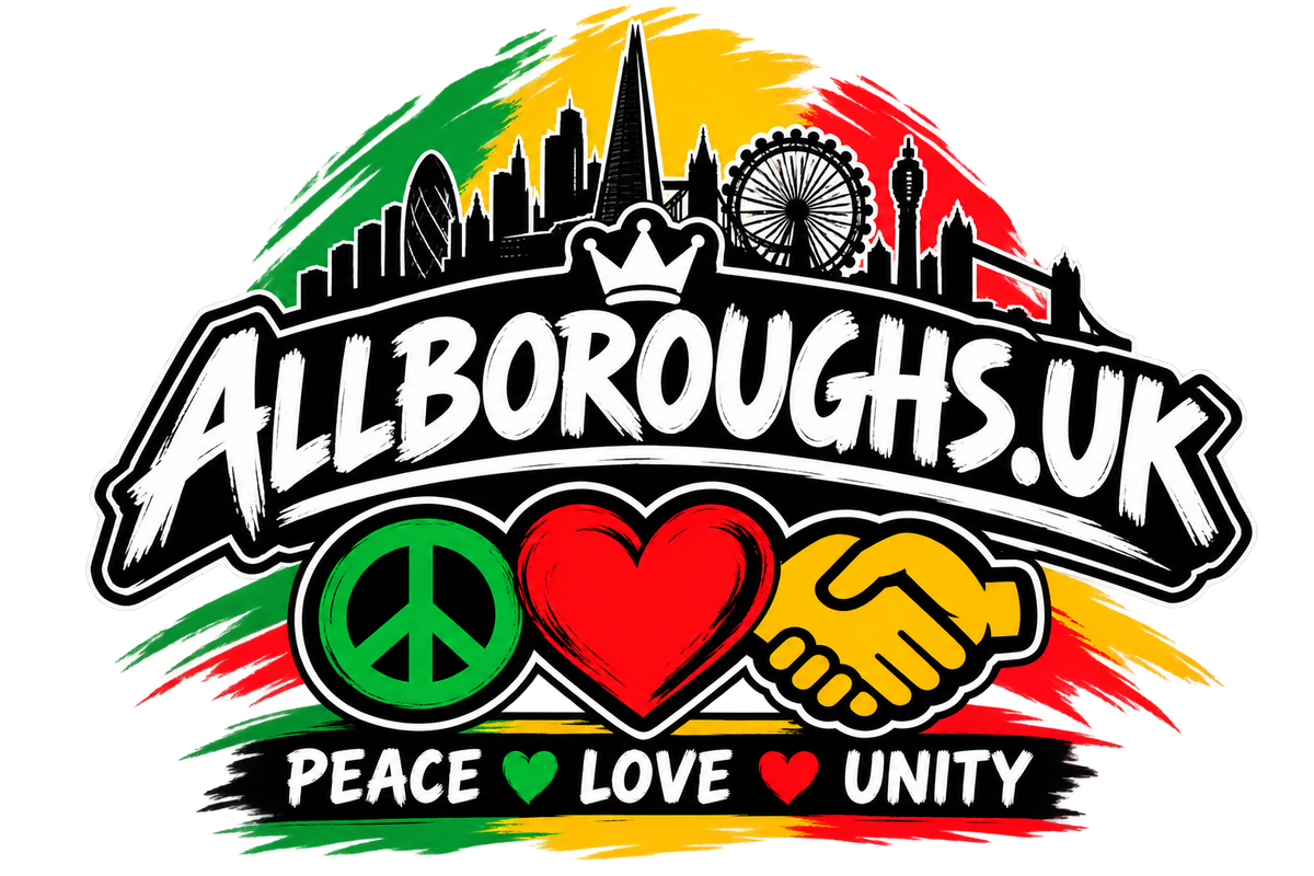 Allboroughs.uk logo featuring a black silhouette of London landmarks over a red, yellow, and green Rasta-style brushstroke background, with a crown, large white outlined 'ALLBOROUGHS.