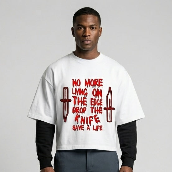 Drop The Knife Contrast Sleeve Heavyweight Cotton T-Shirt | Streetwear | AllBoroughs