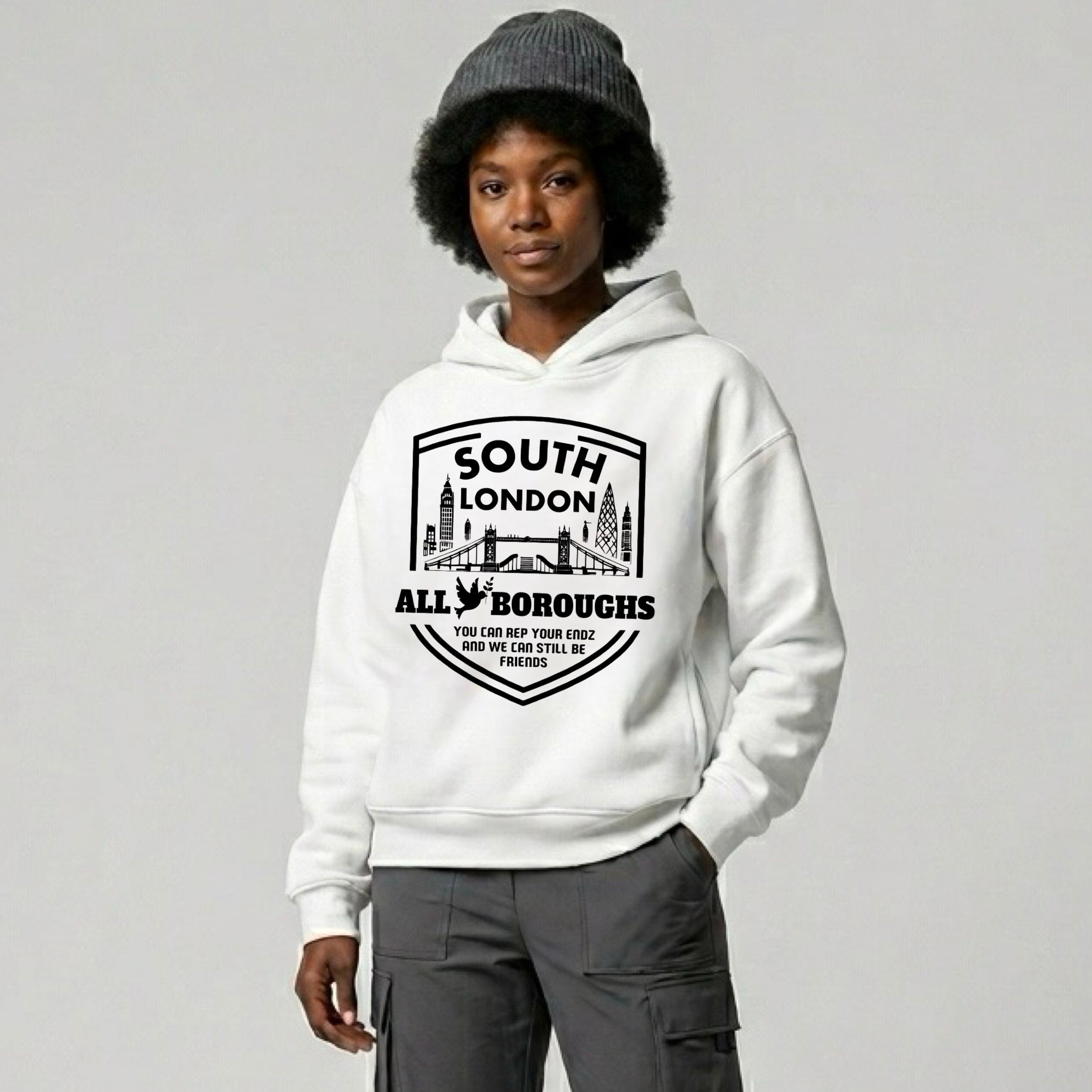 Person wearing a white Allboroughs hoodie with a graphic design on a plain background. Also known as All Boroughs.