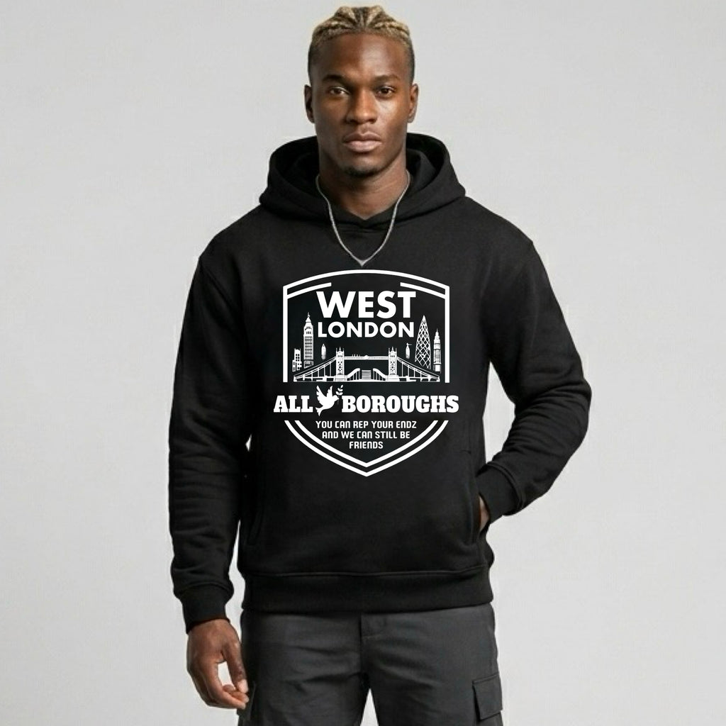 Person wearing a black hoodie with 'West London AllBoroughs' text and graphic on a light gray background. Also known as All Boroughs.