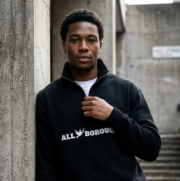 Person wearing a black QUARTER ZIP SWEATER with 'AllBoroughs' text standing against a concrete wall.