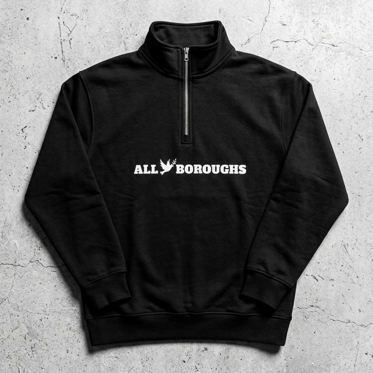 Black quarter-zip sweatshirt with 'ALLBOROUGHS' text on a textured gray surface
