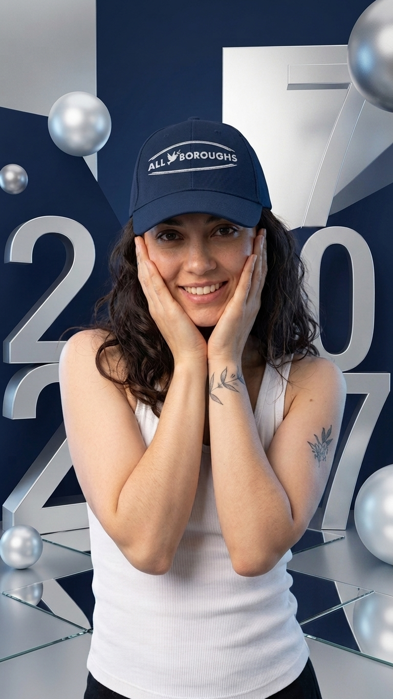 Woman wearing a blue cap with 'All Boroughs' text, posing in front of a decorative background with numbers.
