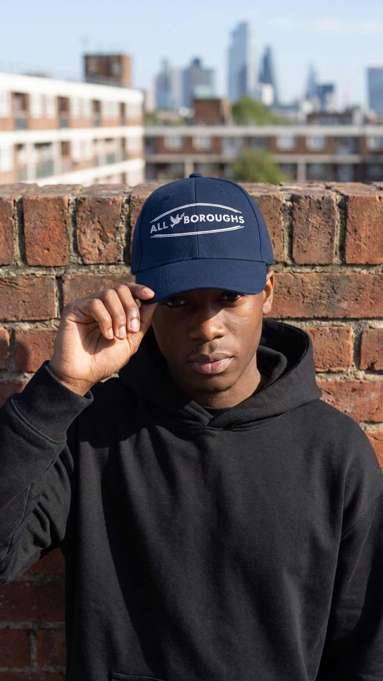 Person wearing a navy cap with 'AllBoroughs' logo against a cityscape background. Also known as All Boroughs.