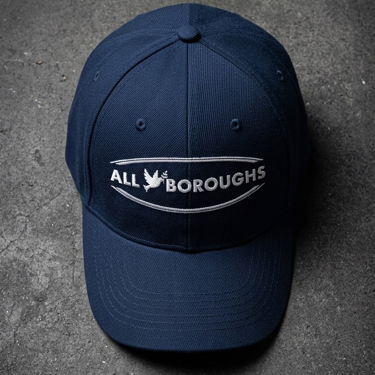 Navy blue cap with 'All Boroughs' logo on a dark textured surface