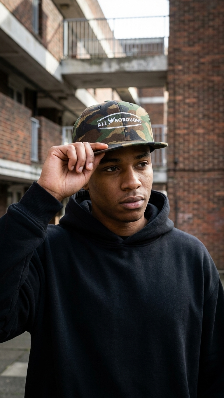 Person wearing a black hoodie and camouflage cap with 'Allboroughs' branding, standing in an urban setting. Also known as All Boroughs.