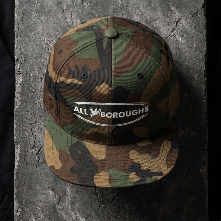 Camouflage cap with 'All Boroughs' logo on a textured surface