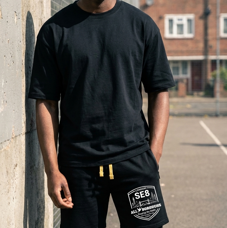 Man wearing a black t-shirt and black shorts with ALLBOROUGHS logo, standing against a wall with residential buildings in the background.
