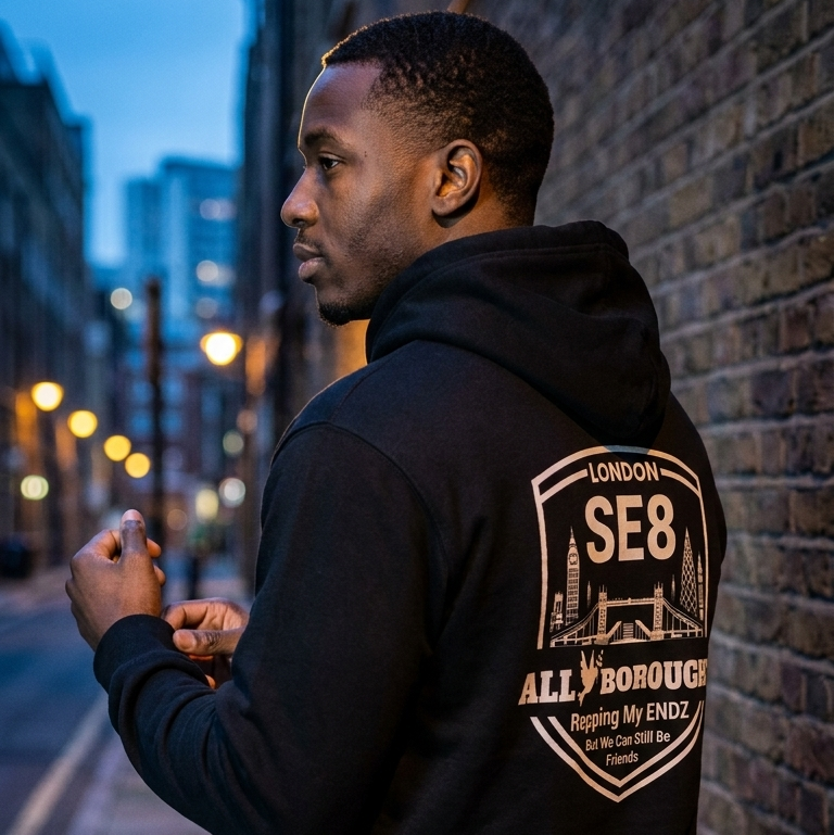 Man wearing a black ALLBOROUGHS hoodie with text on the back, standing against a brick wall in an urban setting.