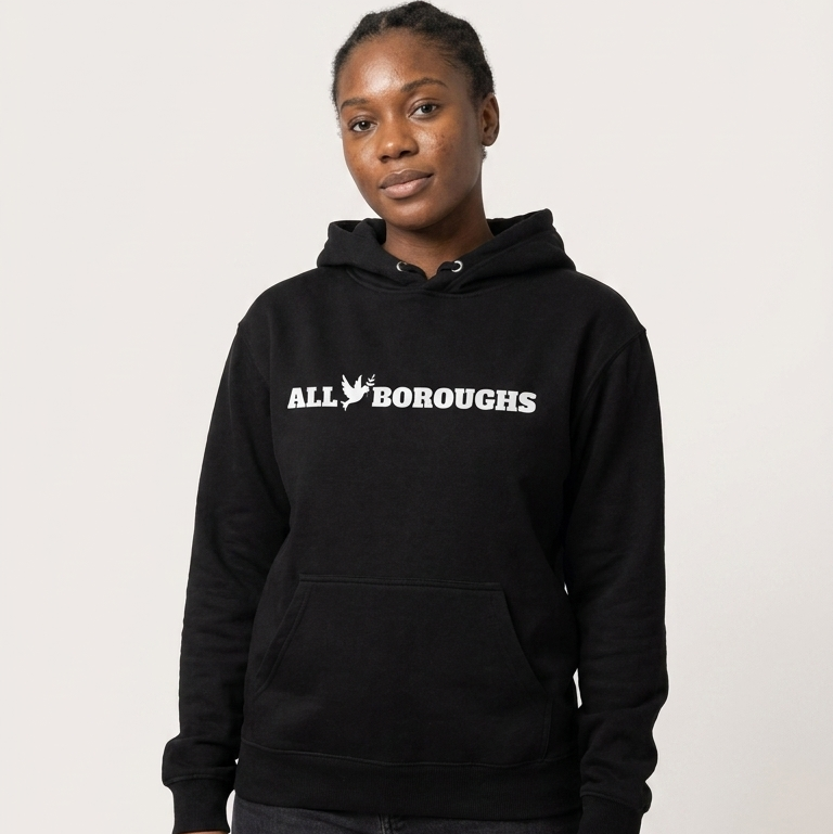 Person wearing a black hoodie with 'ALLBOROUGHS' text on a white background