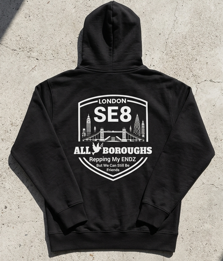 Black ALLBOROUGHS hoodie with white graphic design on a concrete surface