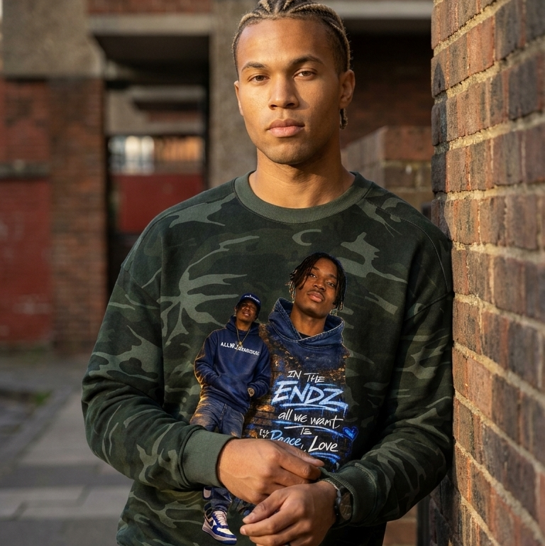 Person wearing a green camouflage ALLBOROUGHS sweatshirt with graphic designs, standing against a brick wall. Also known as All Boroughs.