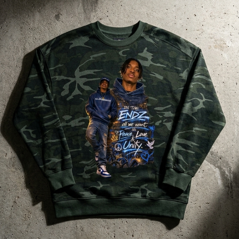 Green camouflage ALLBOROUGHS sweatshirt with graphic design on a concrete floor
