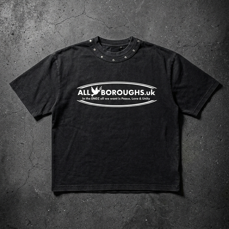 Black t-shirt with 'All Boroughs.uk' logo on a dark textured background. Also known as All Boroughs.