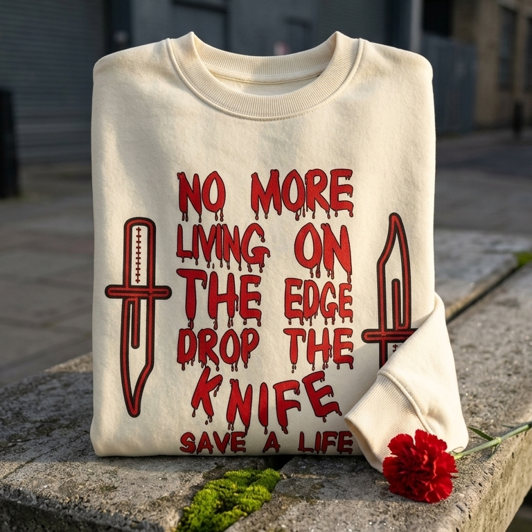 Beige ALLBOROUGHS sweatshirt with red text and graphics on a stone ledge outdoors