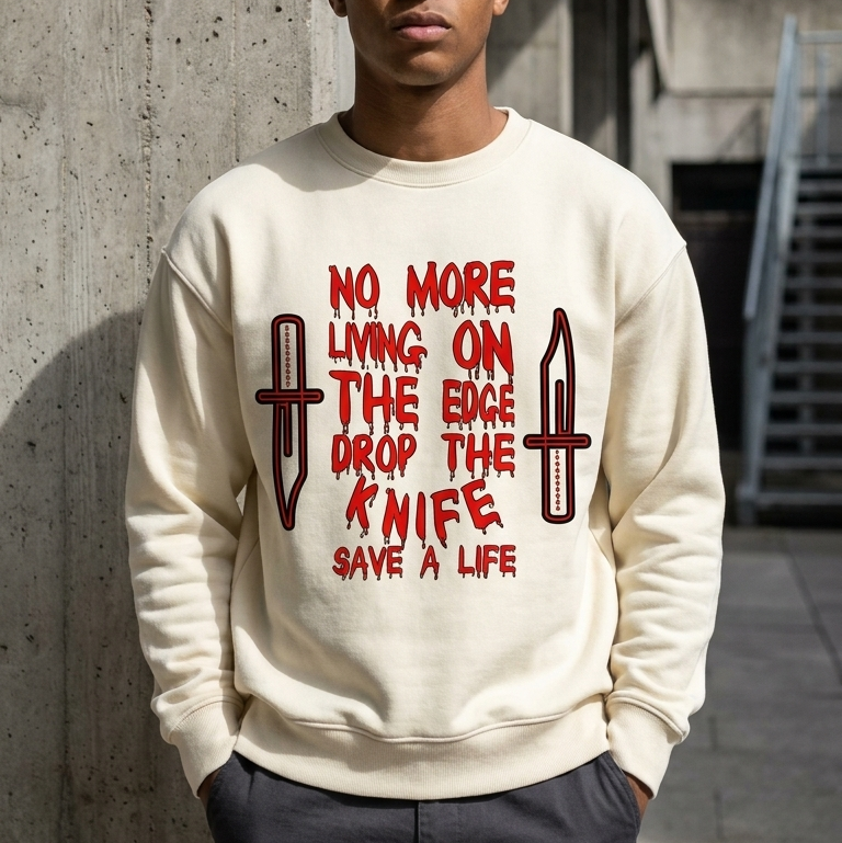 Person wearing a white Allboroughs  sweatshirt with red anti Knife crime text and graphic design, standing against a concrete wall. Also known as All Boroughs.