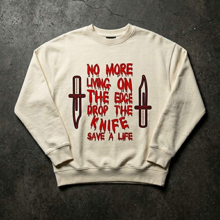 Beige ALLBOROUGHS sweatshirt with red text and drop the knife graphics on a dark textured background