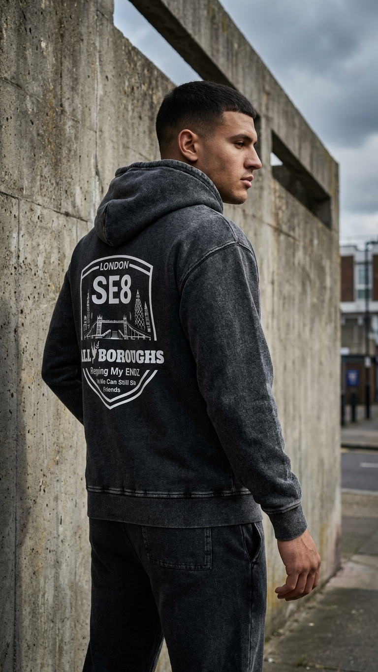 Person wearing a hoodie with 'SE8 Postcode' text, standing against a concrete wall. By Allboroughs also known as All Boroughs