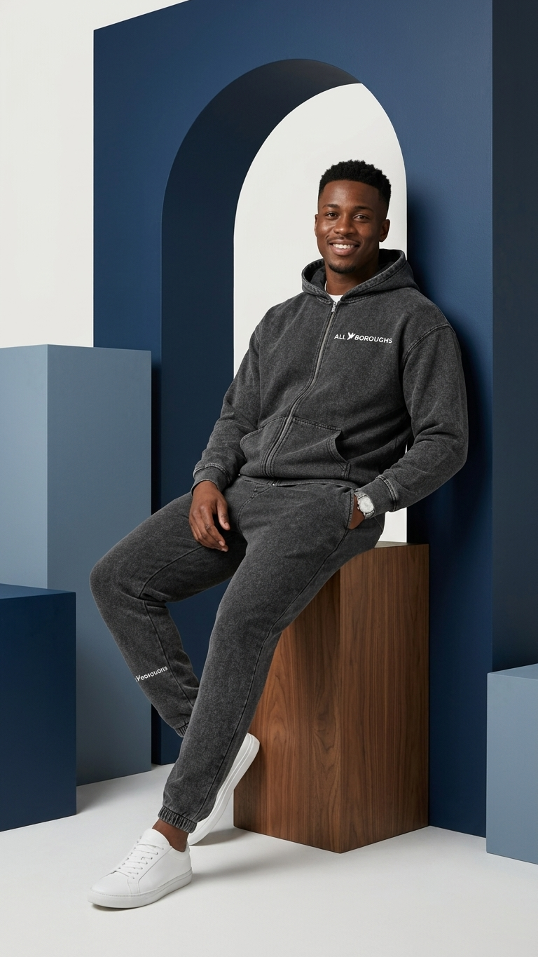 Man wearing a dark gray Allboroughs  hoodie and pants sitting on a wooden block against a blue and white geometric background. Also known as All Boroughs.