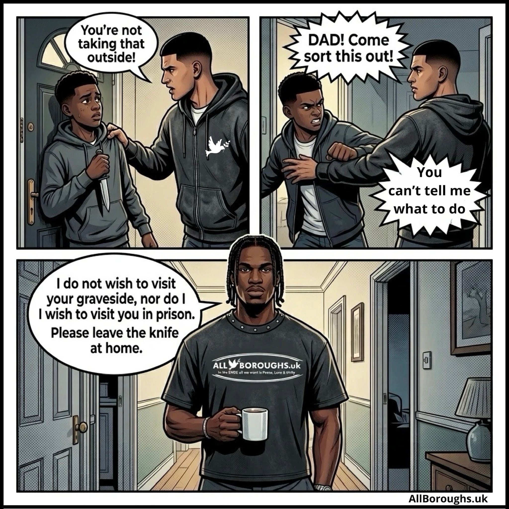 Allboroughs comic strip with dialogues between characters in a domestic setting.